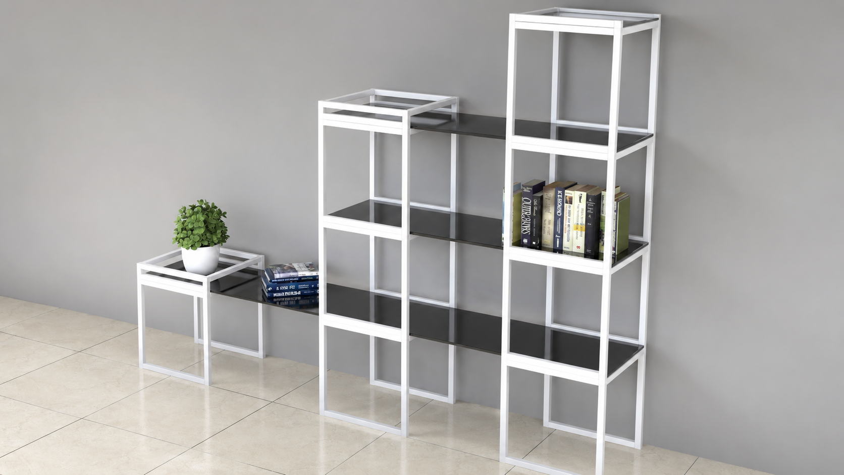 estantería modular blanca y negra con estructura metálica para interiorismo premium