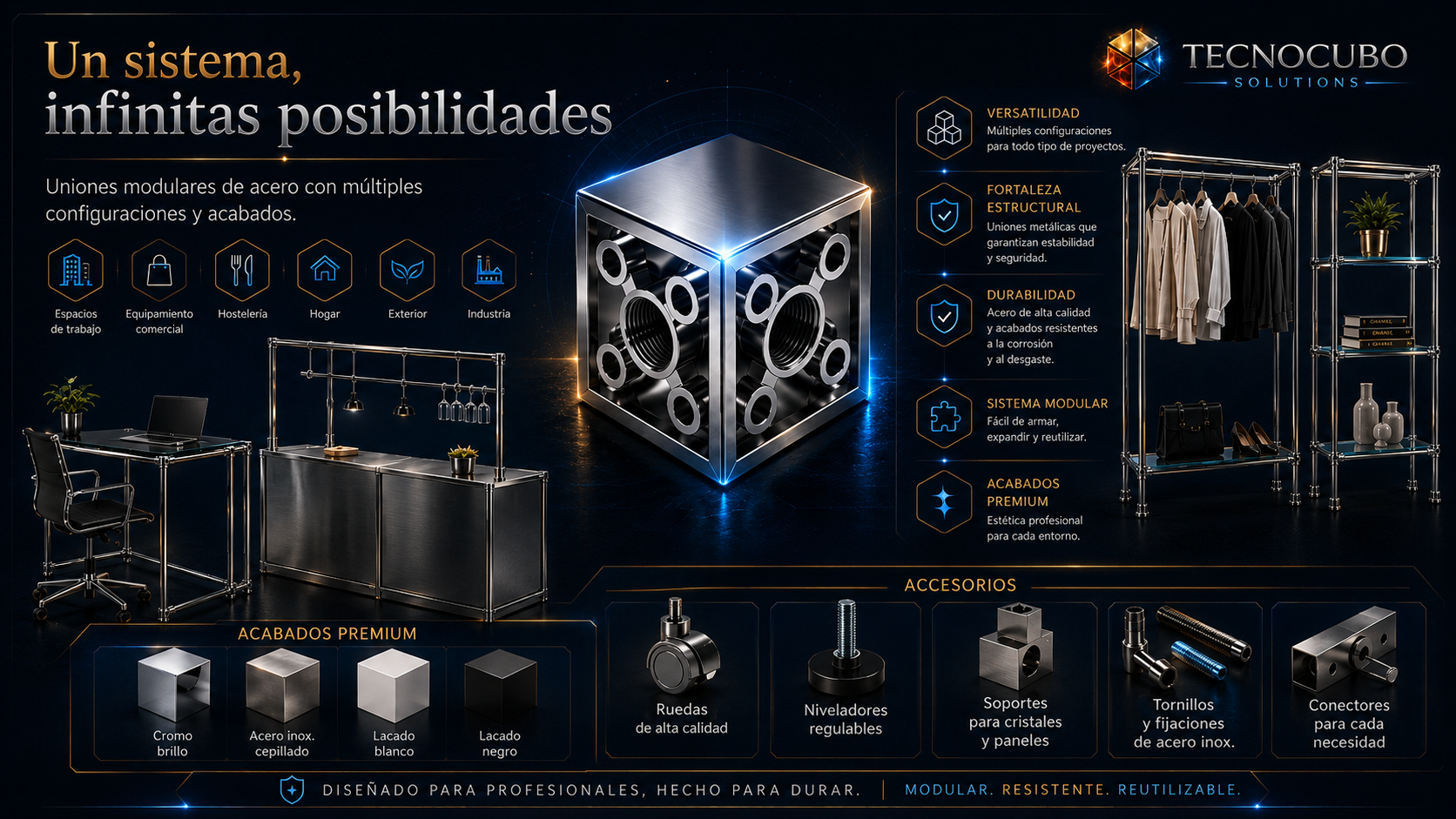 infografía sistema modular metálico TECNOCUBO con acabados premium y accesorios