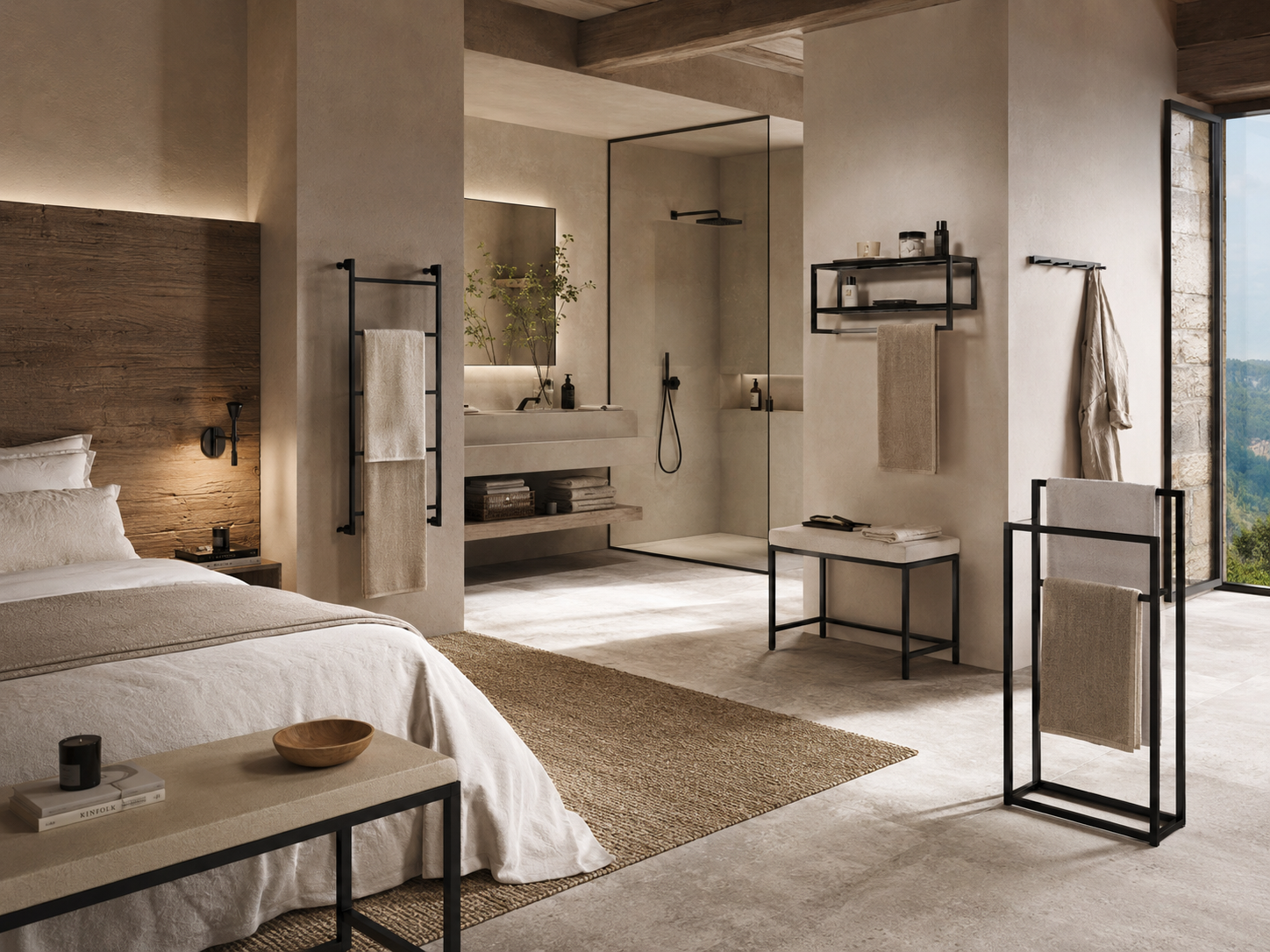 Habitación hotelera premium con equipamiento metálico negro coordinado
