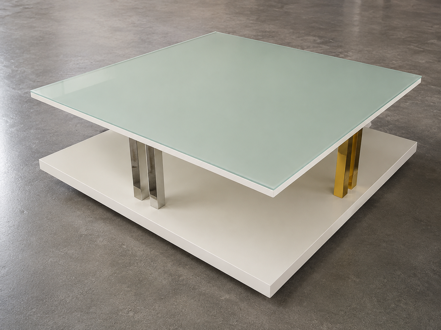 Mesa de centro con cristal y base blanca para mobiliario metálico premium