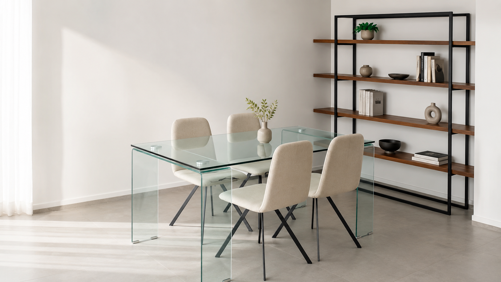 Mesa de cristal con estructura metálica y estantería modular para oficina contemporánea