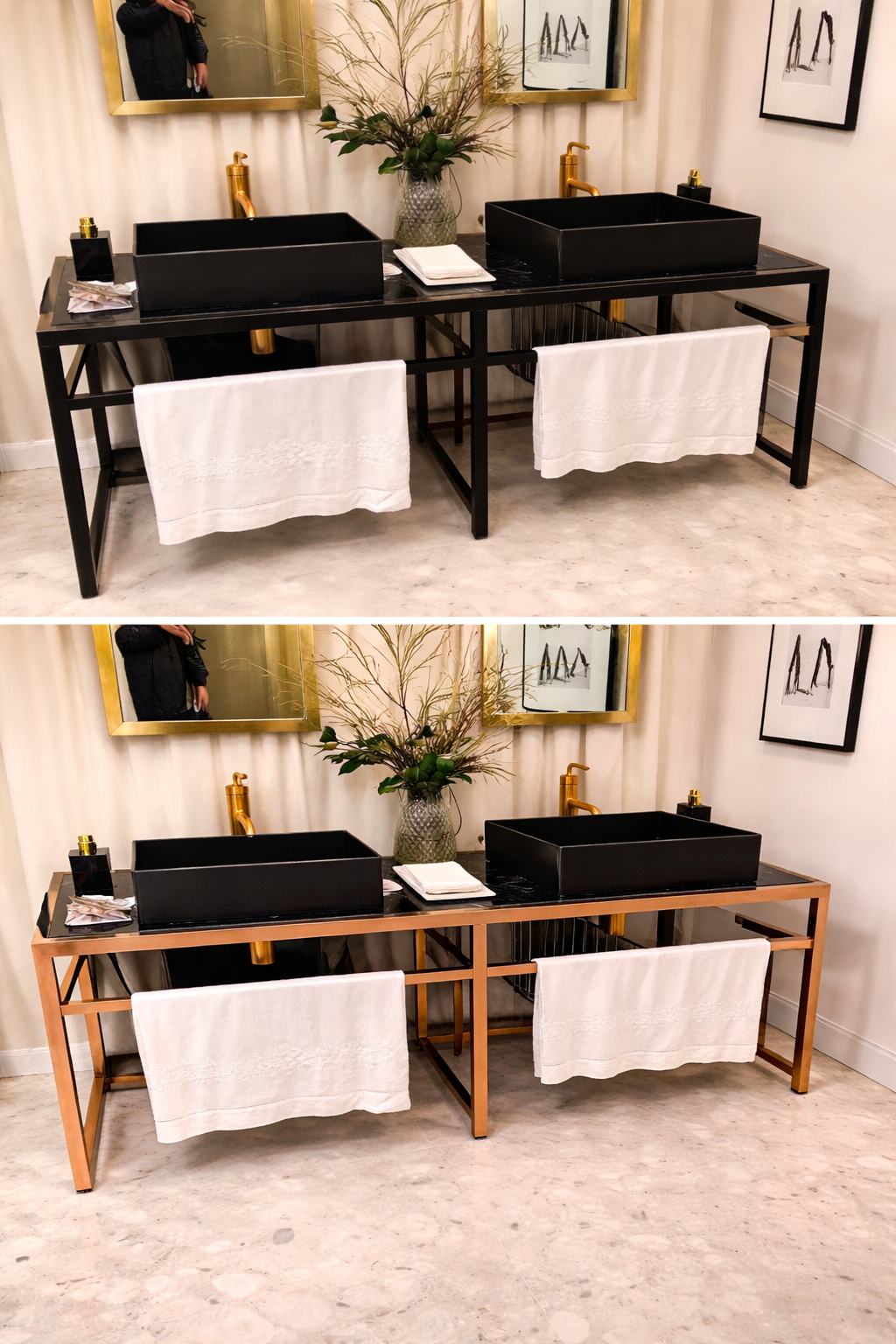mueble de baño premium con estructura cobre y doble lavabo negro sobre mármol