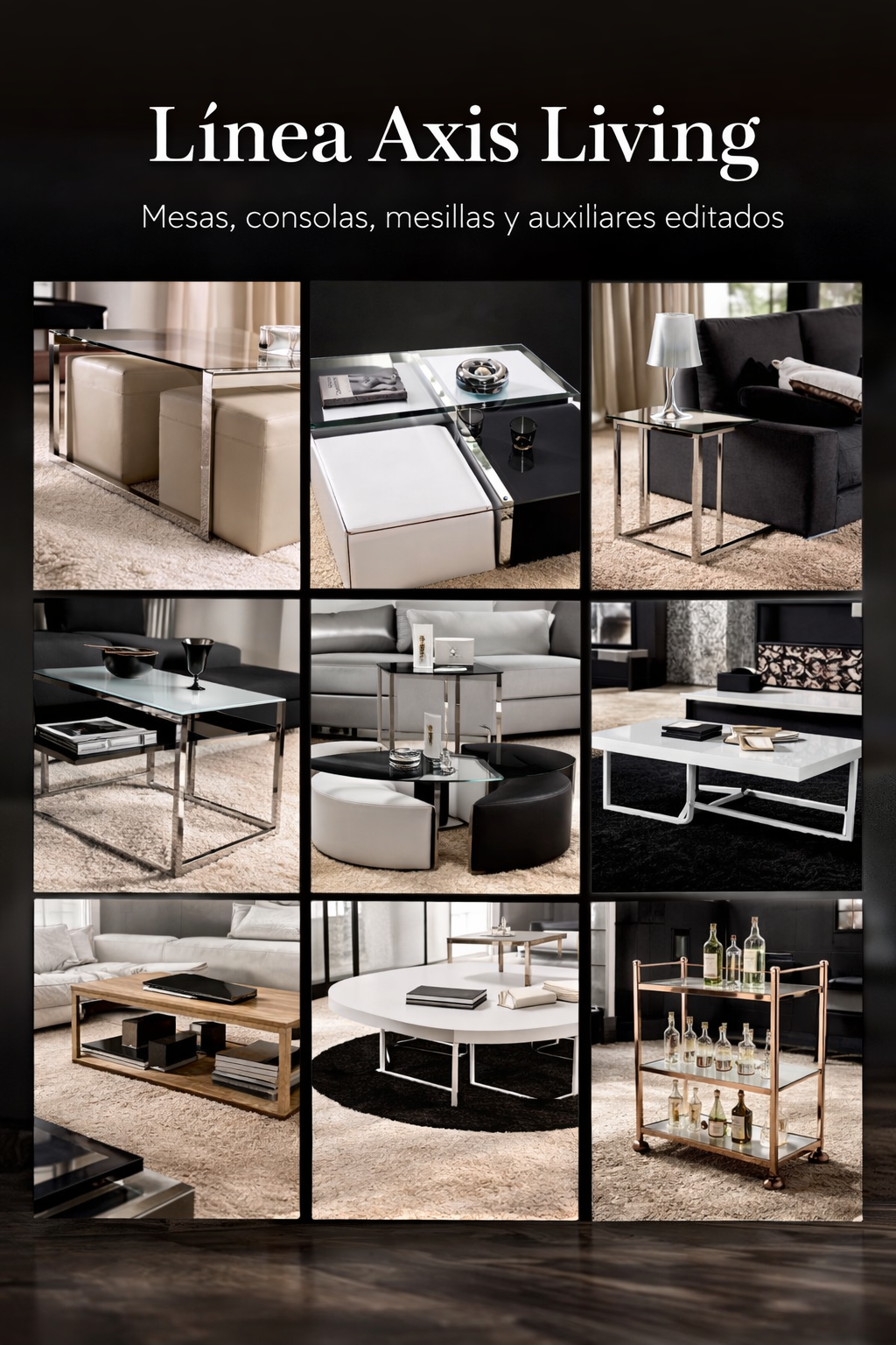 catálogo visual de la Línea Axis Living para mobiliario auxiliar metálico premium