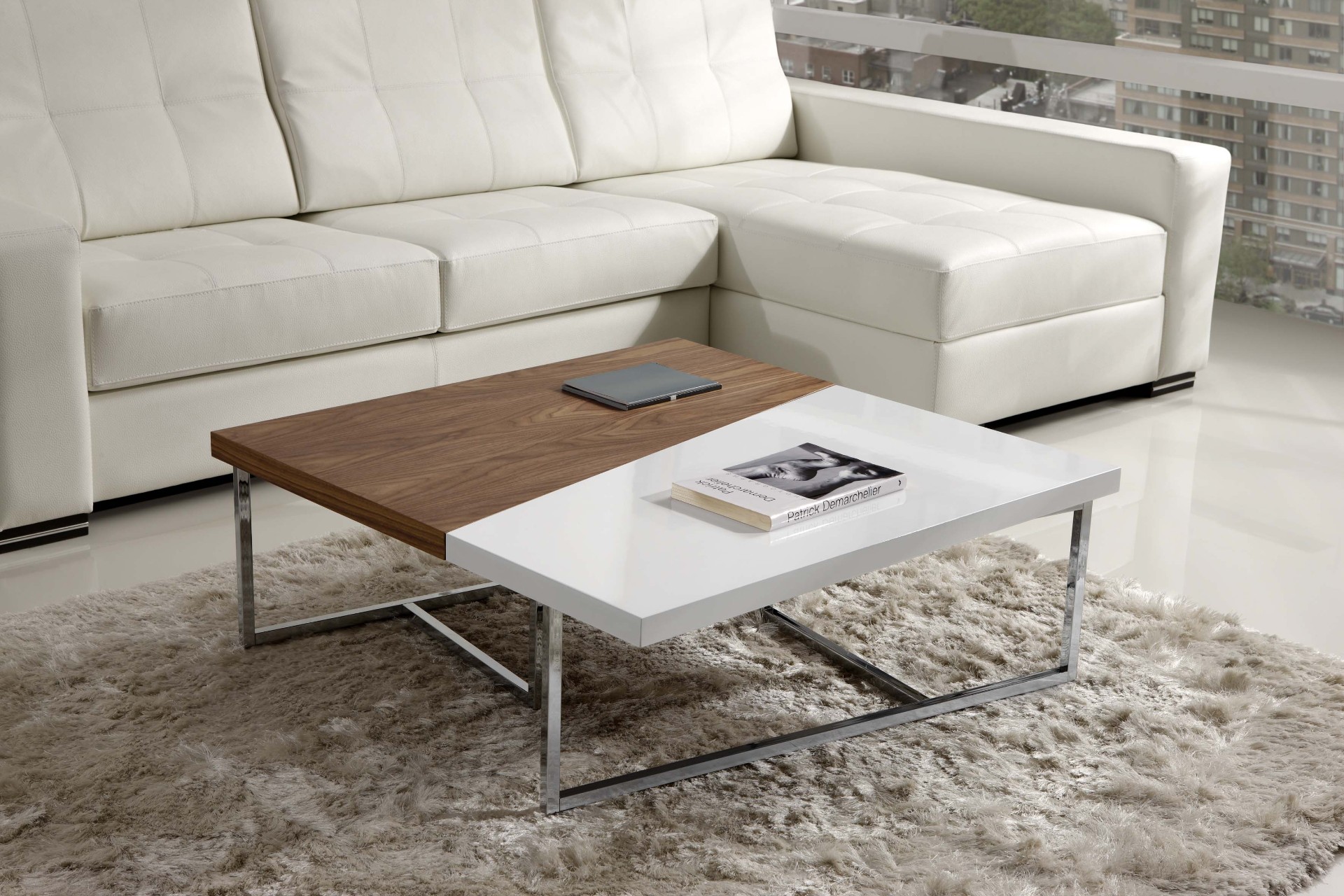 Mesa de centro metálica con madera de la Línea Axis Living para living premium