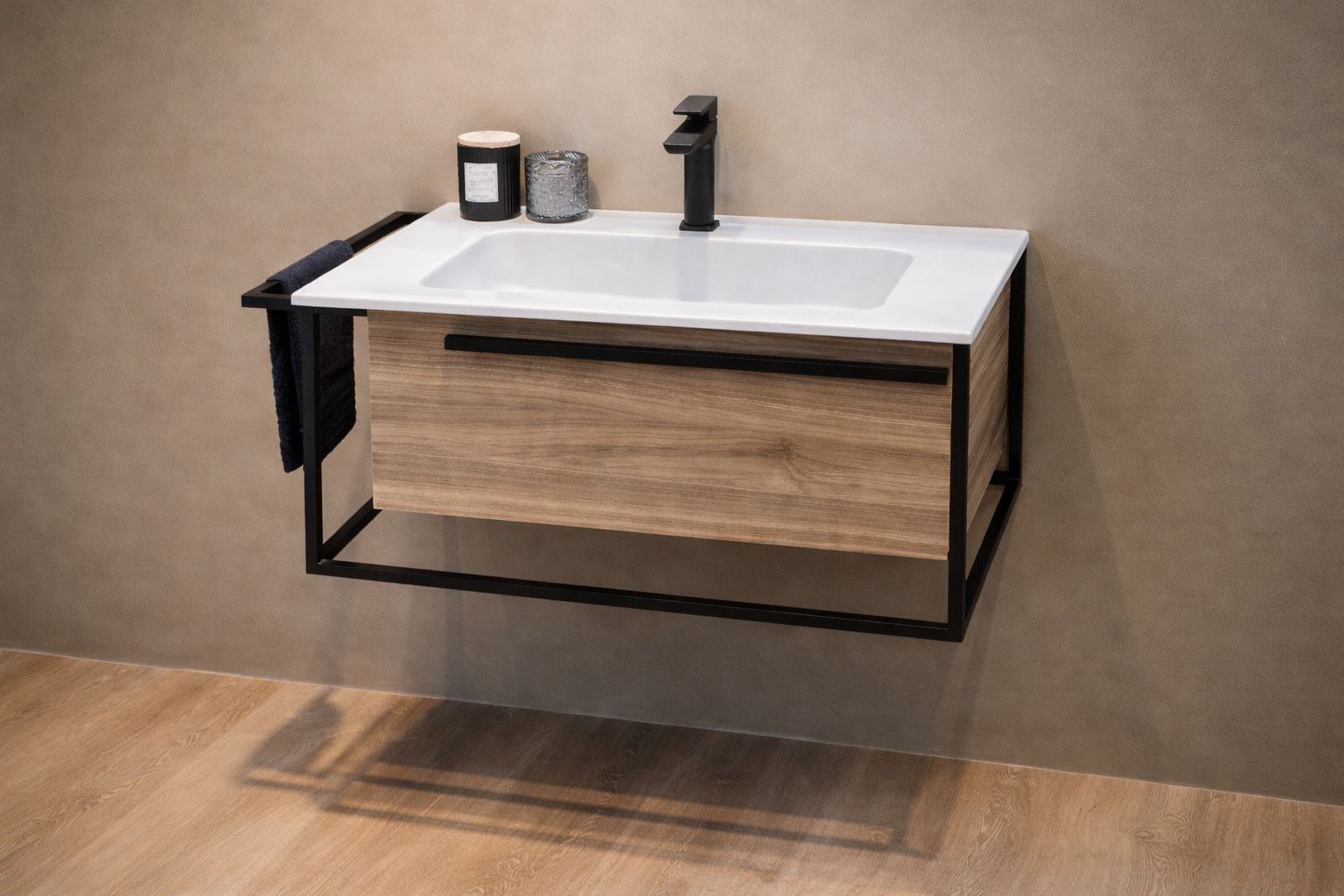 solución metálica a medida para baño con composición de madera suspendida