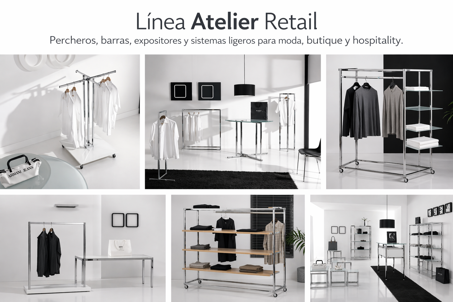 catálogo visual de la Línea Atelier para mobiliario comercial premium