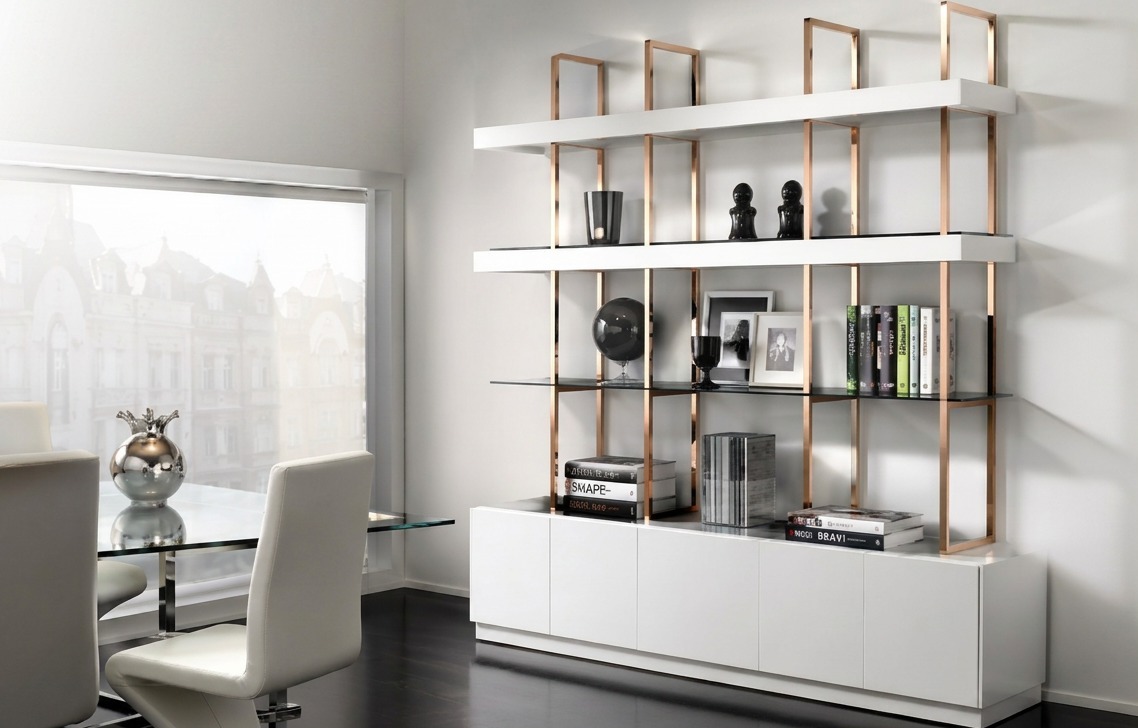 estantería metálica modular con cristal para interiorismo premium